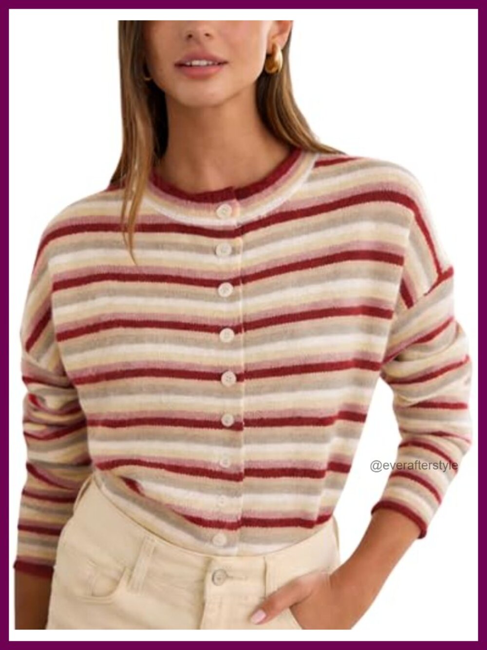 Striped Crew Neck Button Down Long Sleeve Knit Cardigan